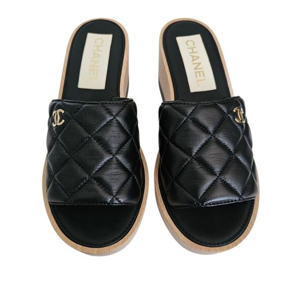 Chanel CC Wood Platform Sandal Slide Mule Size 39 US 8 8.5 Quilted Black Leather - Picture 3 of 15